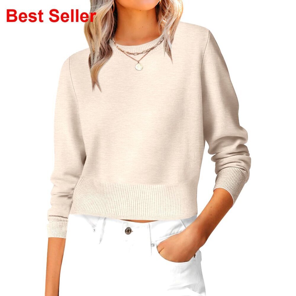 Cropped Ribbed Knit Sweater, Long Sleeve Crew Neck, Lightweight Fall Top